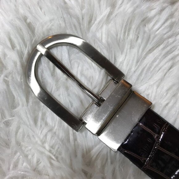 Dark Chocolate Croc Embossed Patent Leather Brushed Silver Metal Buckle Belt - Picture 4 of 9